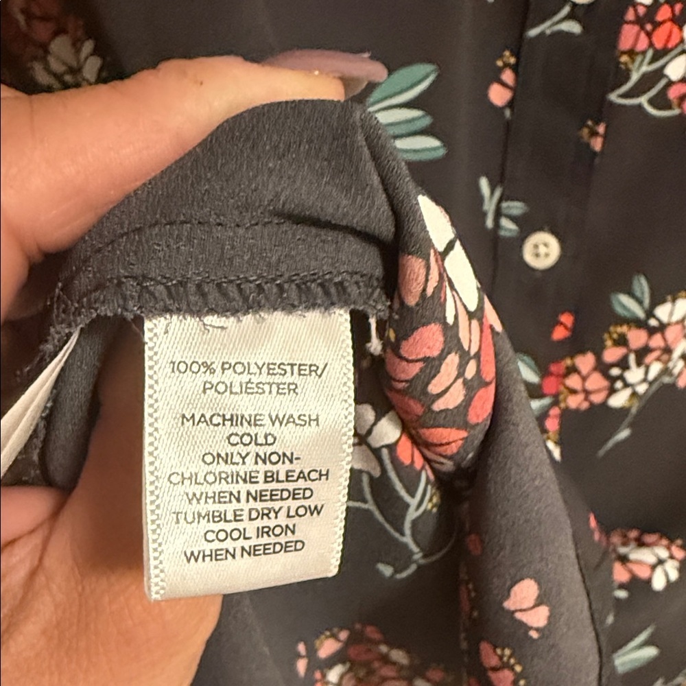 LOFT Black Floral Button-Front Blouse with Red and Pink Blooms - Picture 6 of 8